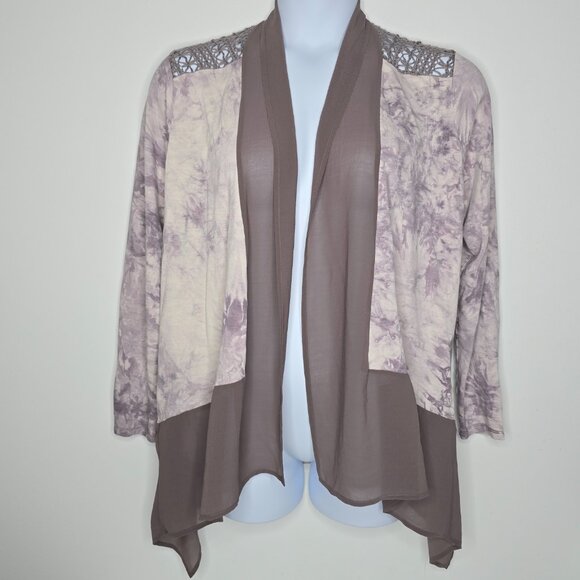 LOGO Lori Goldstein Cardigan Womens Large Lace Crochet Tie Dye Open Pockets - Picture 4 of 11